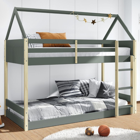 Lit superposé premier couchage au sol 90x190, MDF laqué vert kaki et pin naturel - LILASOR