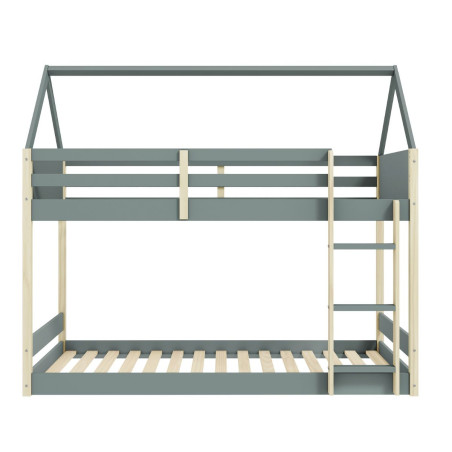 Lit superposé premier couchage au sol 90x190, MDF laqué vert kaki et pin naturel - LILASOR