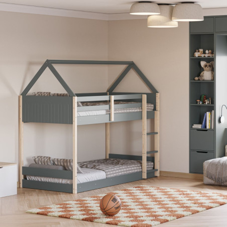 Lit superposé premier couchage au sol 90x190, MDF laqué vert kaki et pin naturel - LILASOR