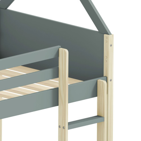 Lit superposé premier couchage au sol 90x190, MDF laqué vert kaki et pin naturel - LILASOR