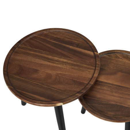Lot de 2 tables basses gigogne rondes en acacia teinté noyer - BENIA