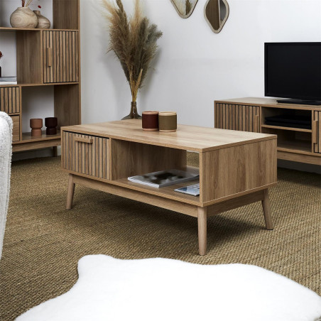 Table Basse 1 Tiroir Effet Bois avec Tasseaux - PAJEN