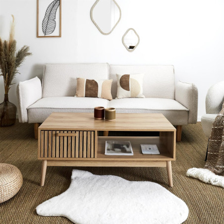 Table Basse 1 Tiroir Effet Bois avec Tasseaux - PAJEN