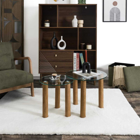 Lot de 2 tables basses gigogne rondes en verre trempé et hévéa - INAYL