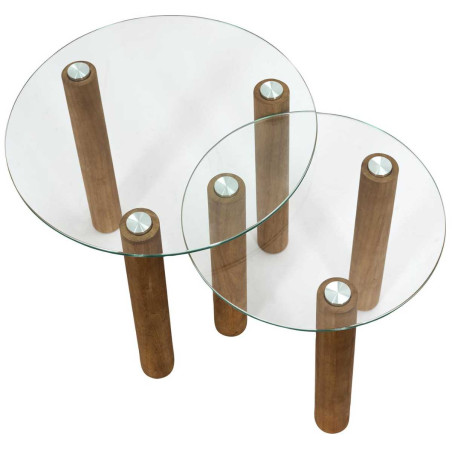 Lot de 2 tables basses gigogne rondes en verre trempé et hévéa - INAYL