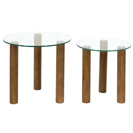Lot de 2 tables basses gigogne rondes en verre trempé et hévéa - INAYL