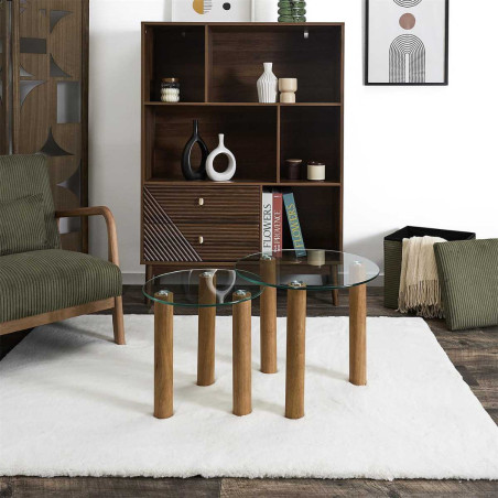 Lot de 2 tables basses gigogne rondes en verre trempé et hévéa - INAYL