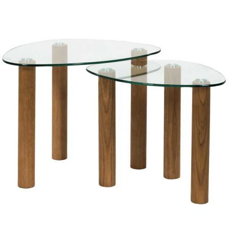 Lot de 2 tables basses gigogne forme galet en verre trempé pieds en hévéa - INAYL