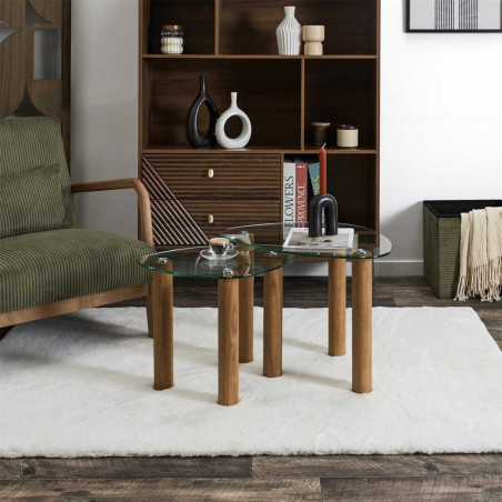 Lot de 2 tables basses gigogne forme galet en verre trempé pieds en hévéa - INAYL