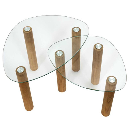 Lot de 2 tables basses gigogne forme galet en verre trempé pieds en hévéa - INAYL