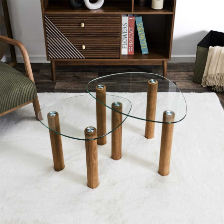 Lot de 2 tables basses gigogne forme galet en verre trempé pieds en hévéa - INAYL