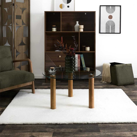 Table basse ronde en verre trempé et pieds en hévéa - INAYL