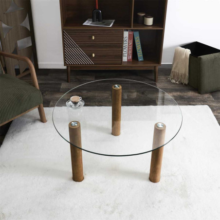 Table basse ronde en verre trempé et pieds en hévéa - INAYL