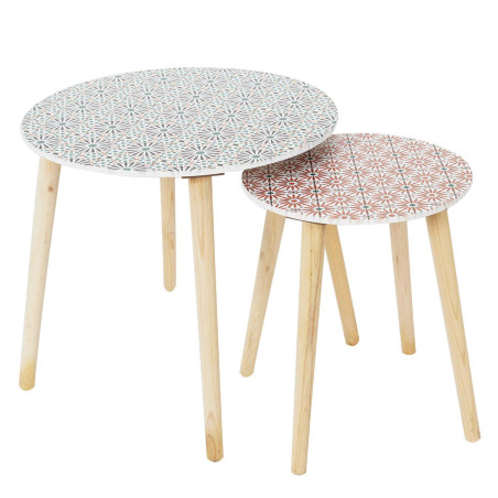 Lot de 2 tables gigognes motifs floraux pieds bois - DISIO