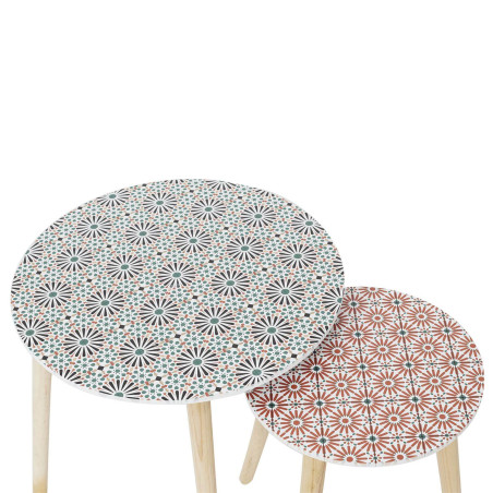 Lot de 2 tables gigognes motifs floraux pieds bois - DISIO