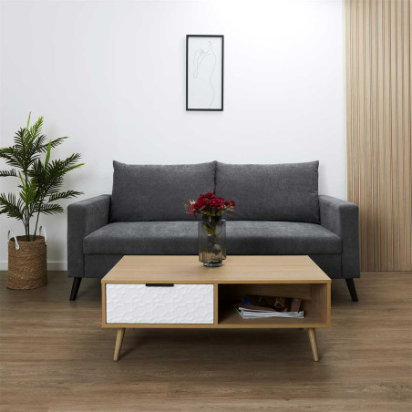 Table Basse Aspect Bois et Motif Craquelé Blanc - KRAIO