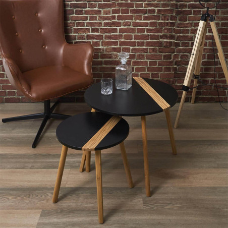 Lot de 2 Tables Gigognes Noires et Relief Bambou - TRAZO