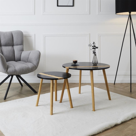 Lot de 2 Tables Gigognes Noires et Relief Bambou - TRAZO
