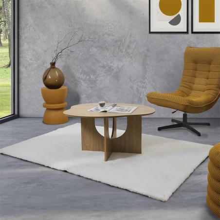 Table basse forme organique et piètement graphique en MDF aspect chêne - KALIOP