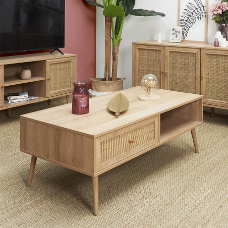 Table Basse 1 Tiroir Effet Bois Façade Rotin - MAYRO