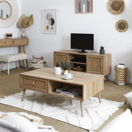 Table Basse 1 Tiroir Effet Bois Façade Rotin - MAYRO