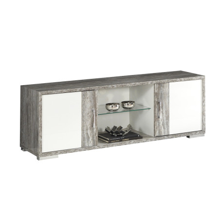 Meuble TV 2 portes laqué blanc effet bois taupe - DENIO