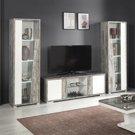 Meuble TV 2 portes laqué blanc effet bois taupe - DENIO
