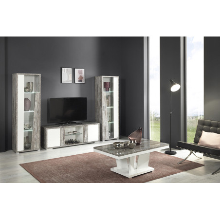 Meuble TV 2 portes laqué blanc effet bois taupe - DENIO