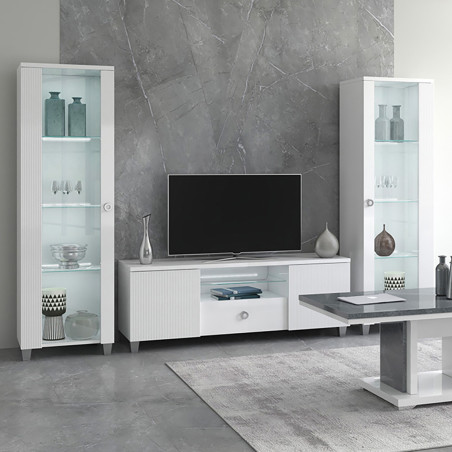 Meuble TV 2 portes laqué blanc avec leds - MARYSE