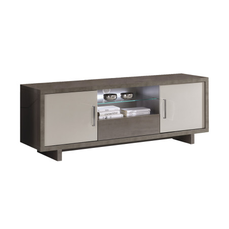 Meuble TV 2 portes gris acier métallisé et gris mat avec LED - AUXIA