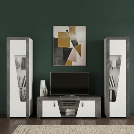 Meuble TV 2 portes 2 niches laquées blanc et imitation granit gris - NEWELLOR