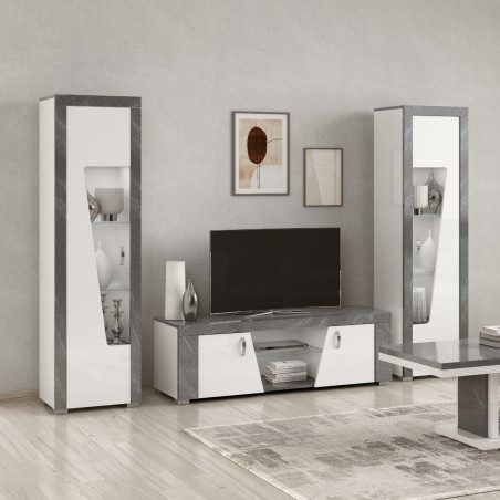 Meuble TV 2 portes 2 niches laquées blanc et imitation granit gris - NEWELLOR