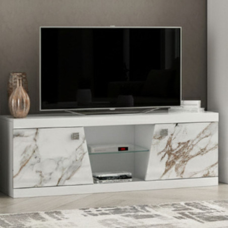 Meuble TV 2 portes 2 niches laquées blanc et imitation marbre - ETOLISOR