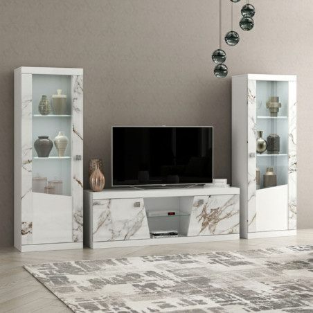 Meuble TV 2 portes 2 niches laquées blanc et imitation marbre - ETOLISOR