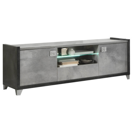 Meuble TV 2 portes 160 cm gris aspect pierre avec led - HOFIO