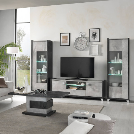 Meuble TV 2 portes 160 cm gris aspect pierre avec led - HOFIO