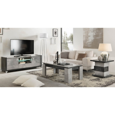 Meuble TV 2 portes 160 cm gris aspect pierre avec led - HOFIO