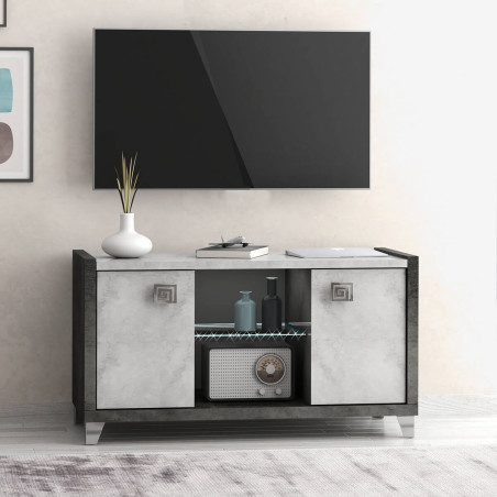 Meuble TV 2 Portes 105 cm Gris Aspect Pierre avec Led - HOFIO