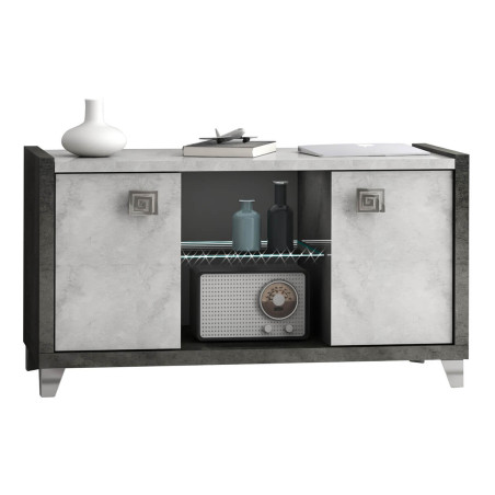 Meuble TV 2 Portes 105 cm Gris Aspect Pierre avec Led - HOFIO