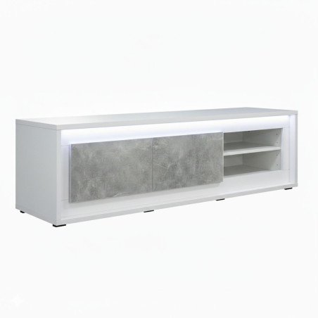 Meuble TV 2 portes, façades effet béton, éclairage Led - STONIOR