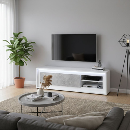 Meuble TV 2 portes, façades effet béton, éclairage Led - STONIOR