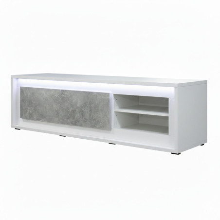 Meuble TV 2 portes, façades effet béton, éclairage Led - STONIOR