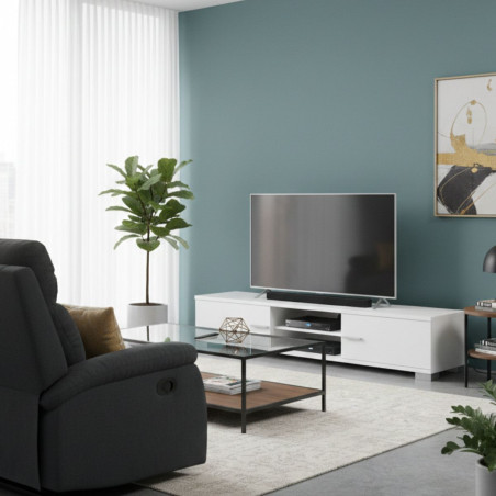 Meuble TV 2 portes 140cm 2 niches laquées blanc - PALLADIOR