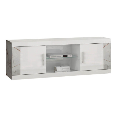 Meuble TV 2 portes 2 niches laquées blanc décor marbre - EROSA