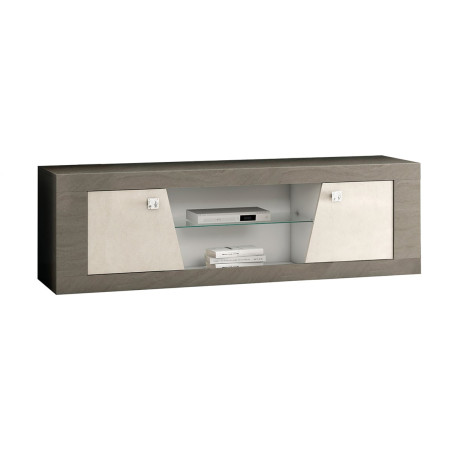 Meuble TV 2 portes bois gris veiné et beige - GONDA