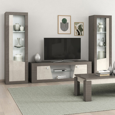 Meuble TV 2 portes bois gris veiné et beige - GONDA