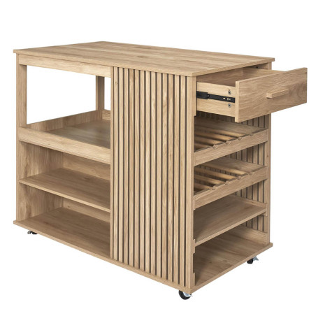 Ilot de Cuisine Multi-Rangement Effet Bois avec Tasseaux - PAJEN