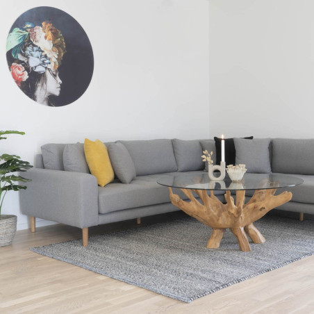 Table basse ronde Ø110 cm teck brut et plateau verre - RAMIO