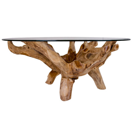 Table basse ronde Ø110 cm teck brut et plateau verre - RAMIO