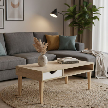 Table basse avec 1 tiroir et 1 niche effet bois - ALENIOR